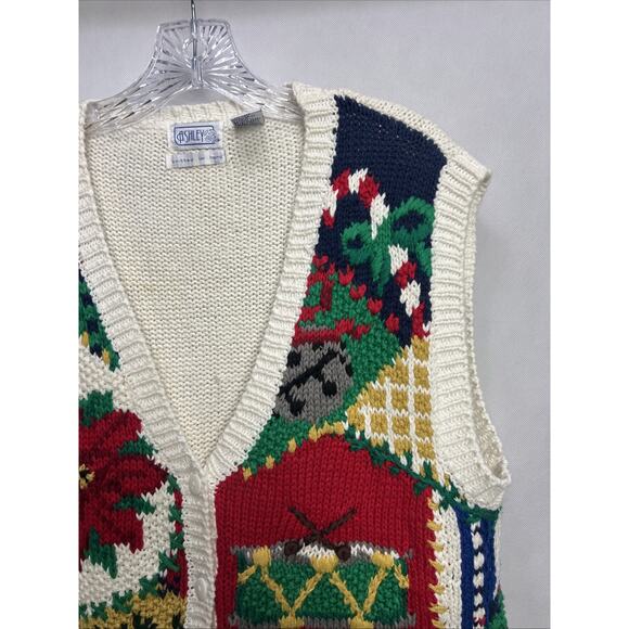Vtg Ashley XL Hand Knit Christmas Sweater Cardigan V-Neck Button - Picture 4 of 10